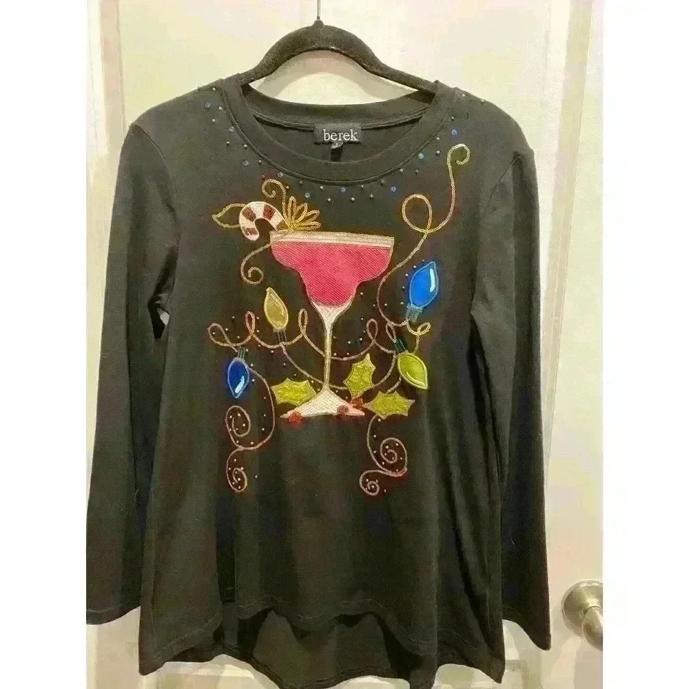 Berek Women's Christmas Cocktail Long Sleeve Shirt - SZ SM Cute Beading!